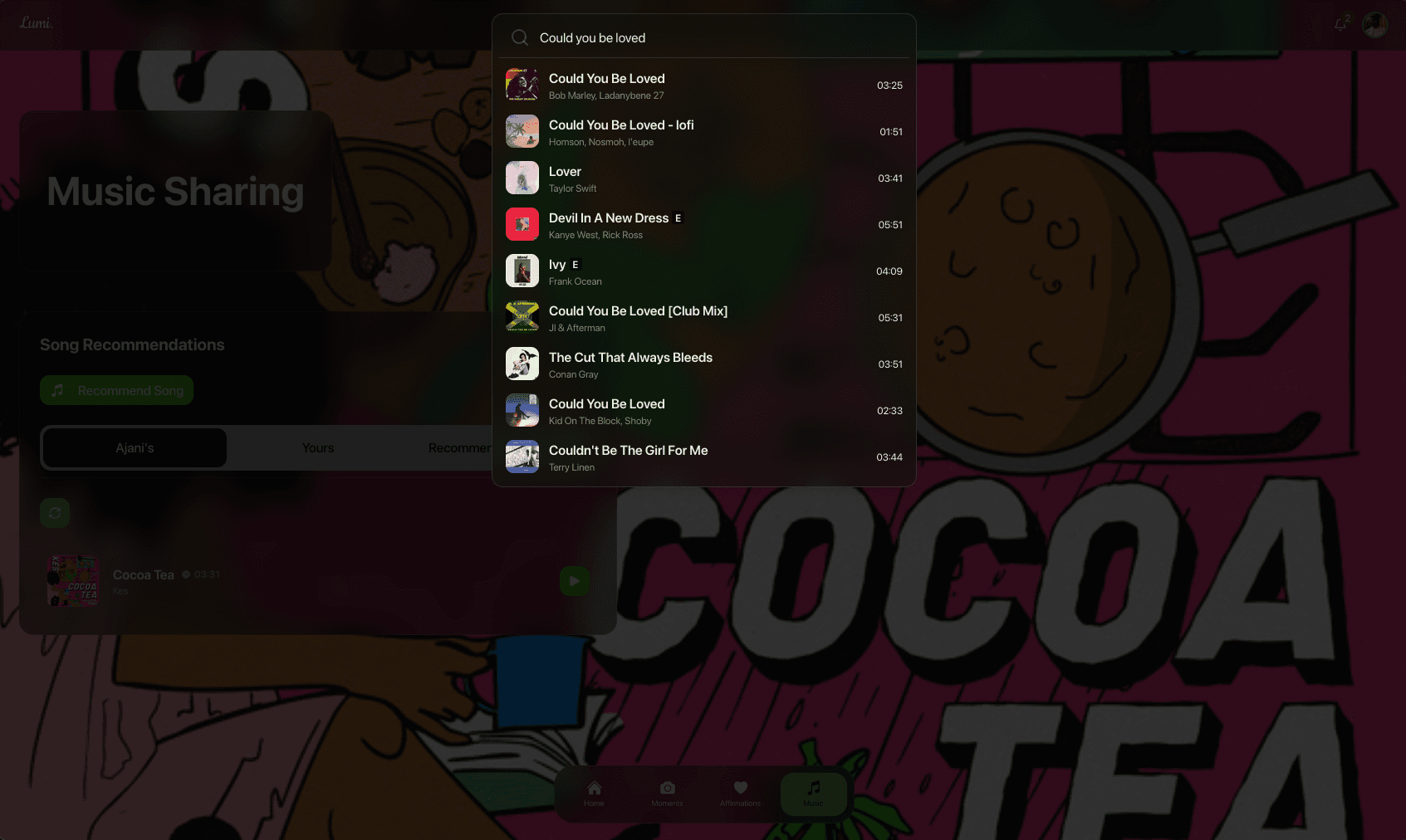 Lumi Music Sharing Page - Song Recommendation Picker