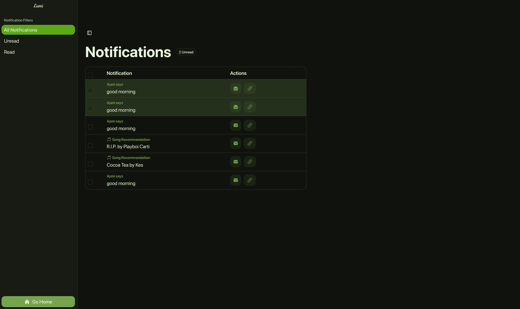 Lumi Notifications Management Page