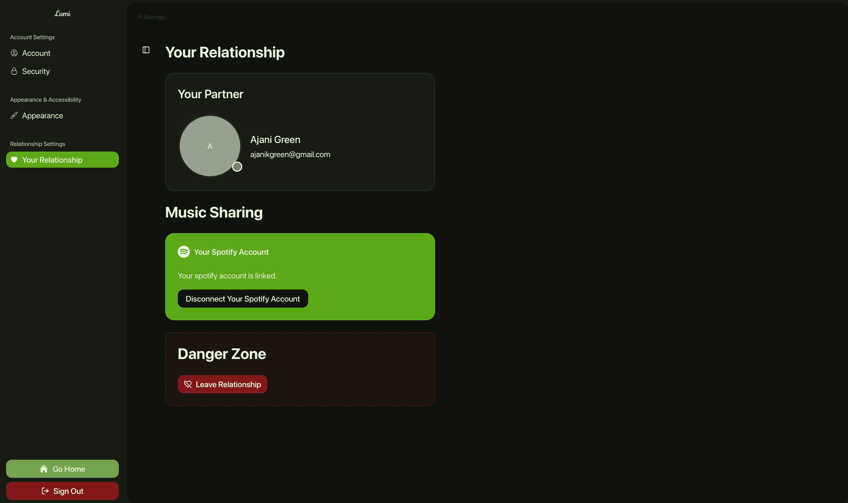 Lumi Relationship Settings Page