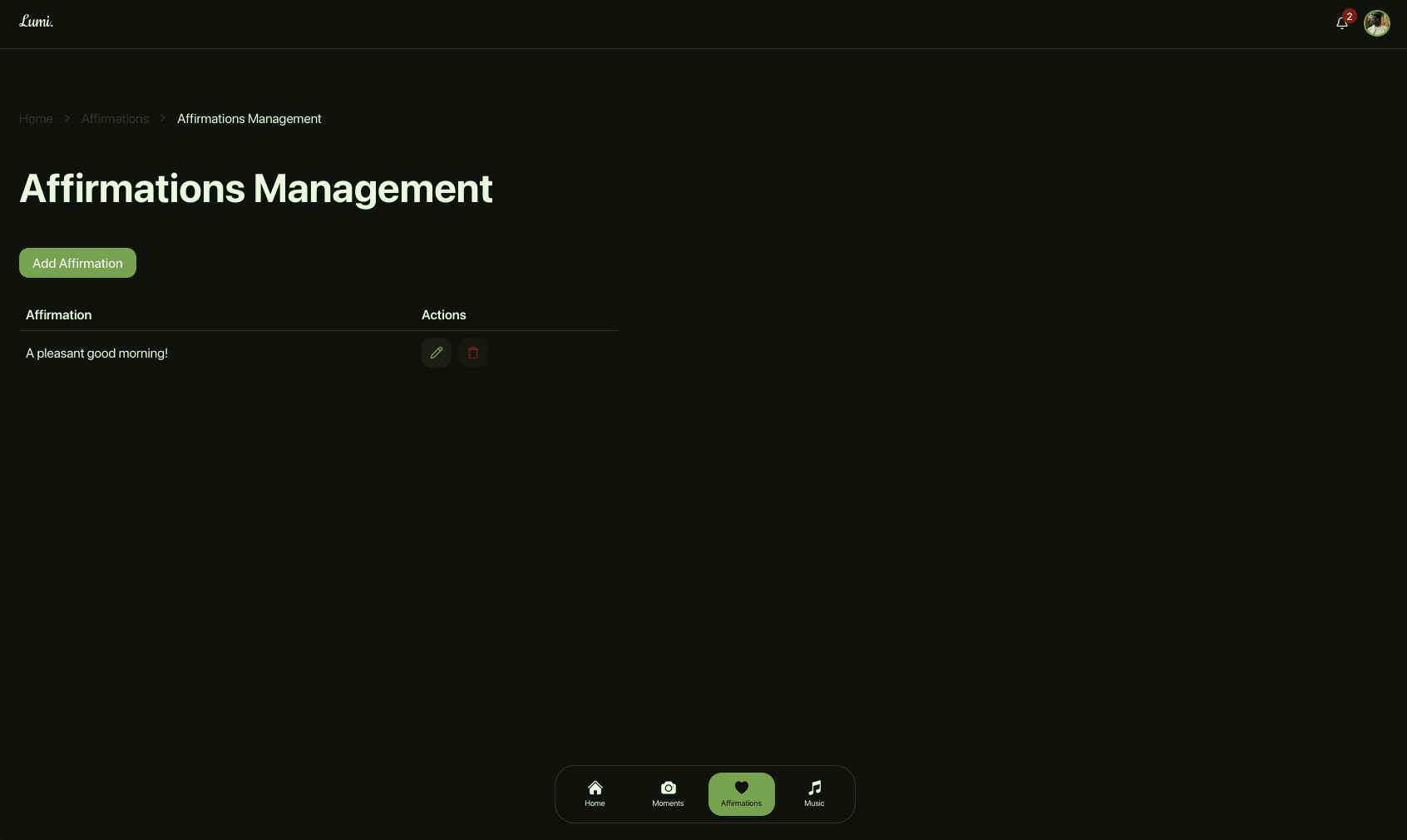 Lumi Manage Affirmations Page